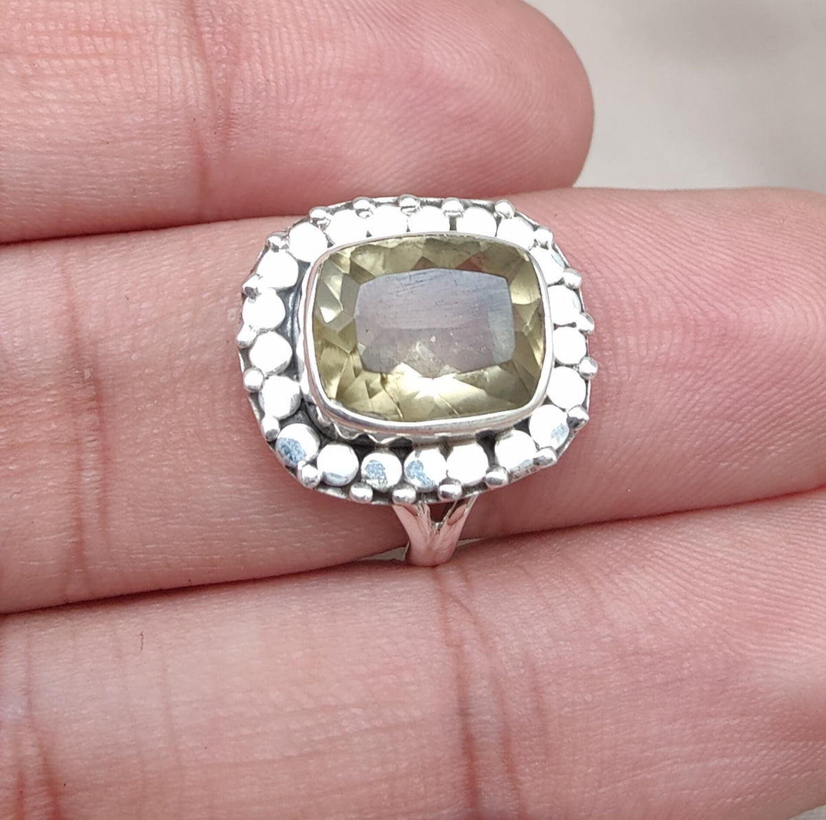 Lemon Quartz Sterling Silver Ring: Cushion Cut Cocktail Statement Jewelry