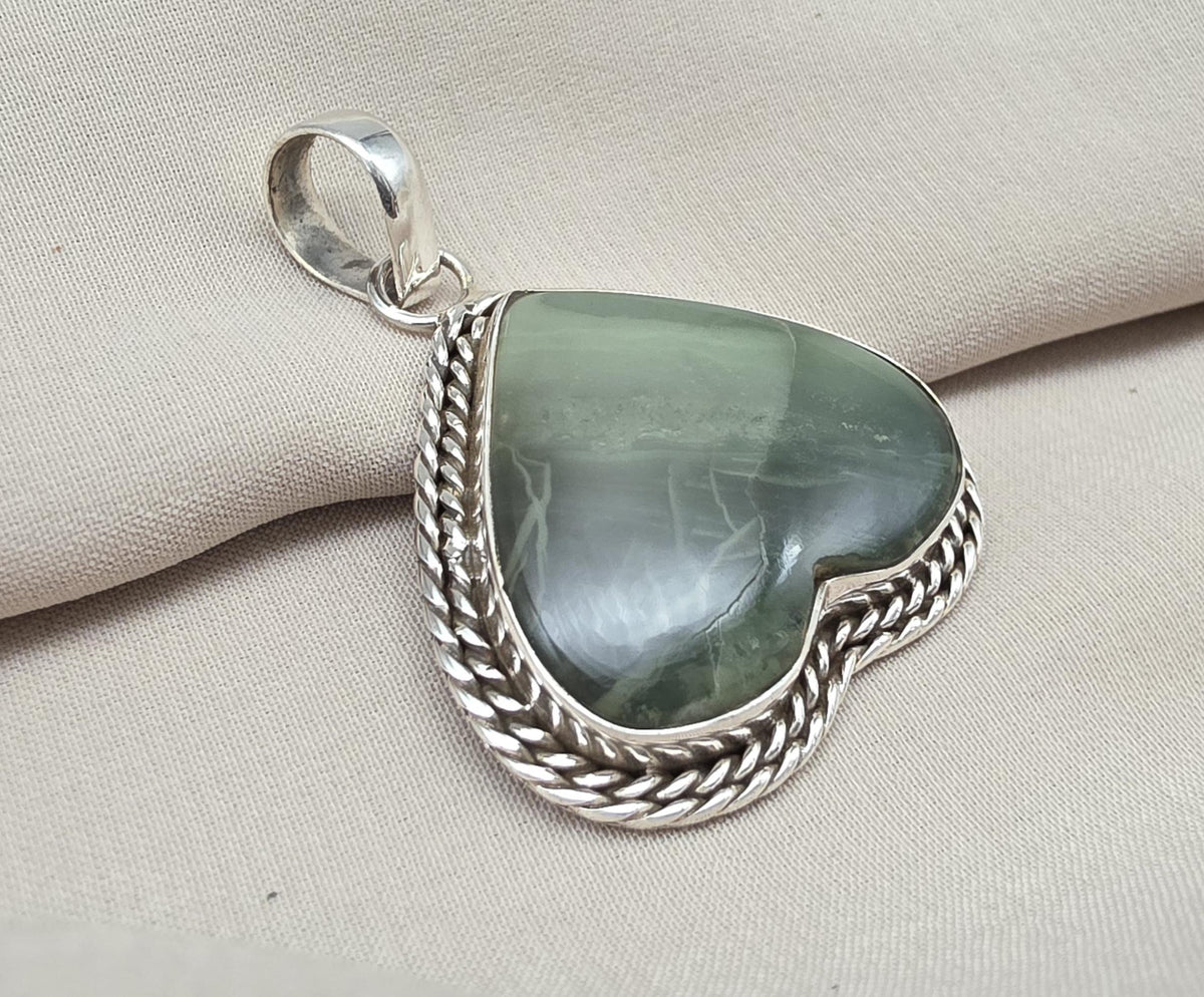 Seraphinite Pendant: 925 Sterling Silver, Healing Crystal Jewelry Heart shape Unique Pendant