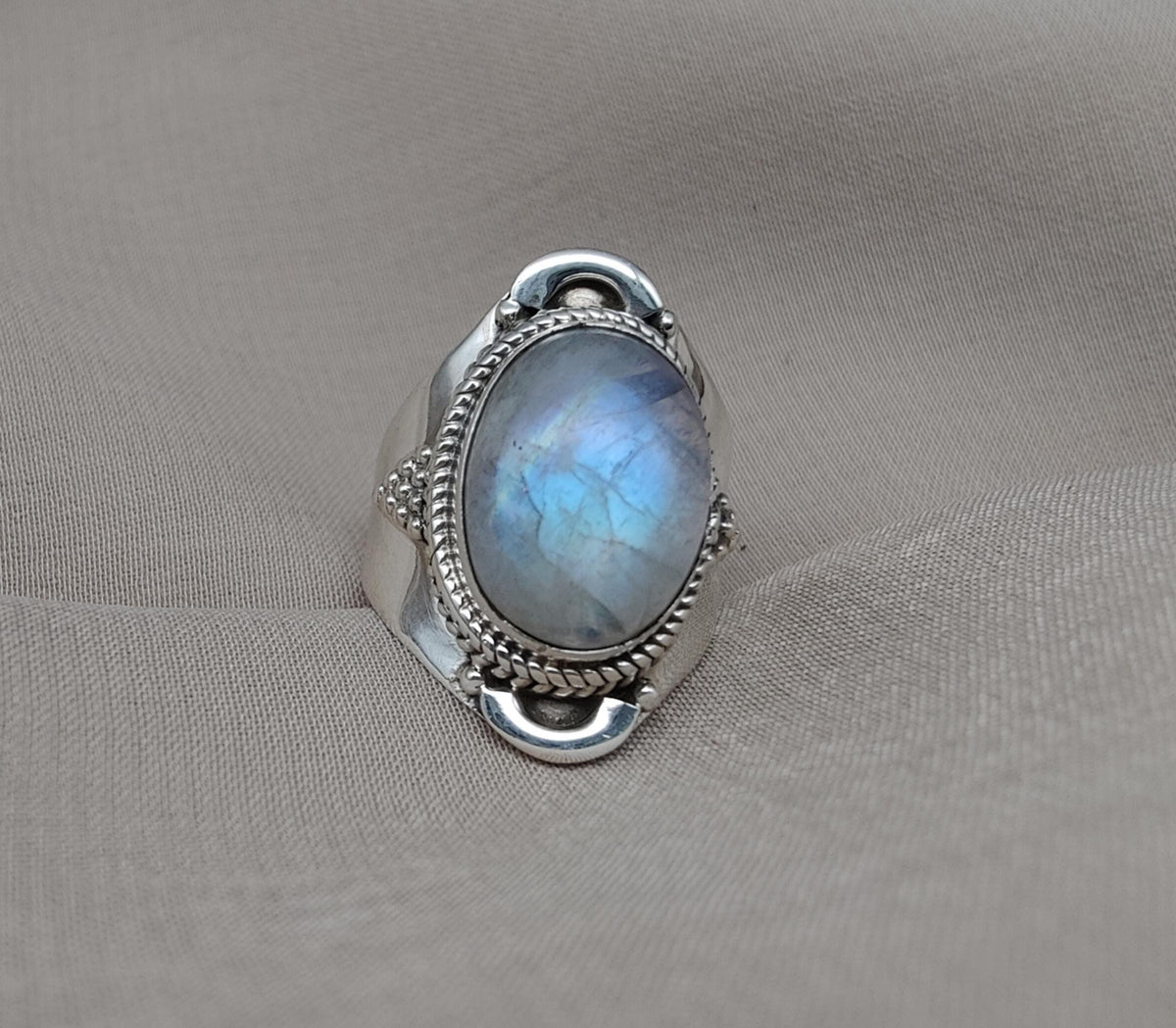 Rainbow Moonstone Ring: Sterling Silver Statement Jewelry, Artisan Boho Design