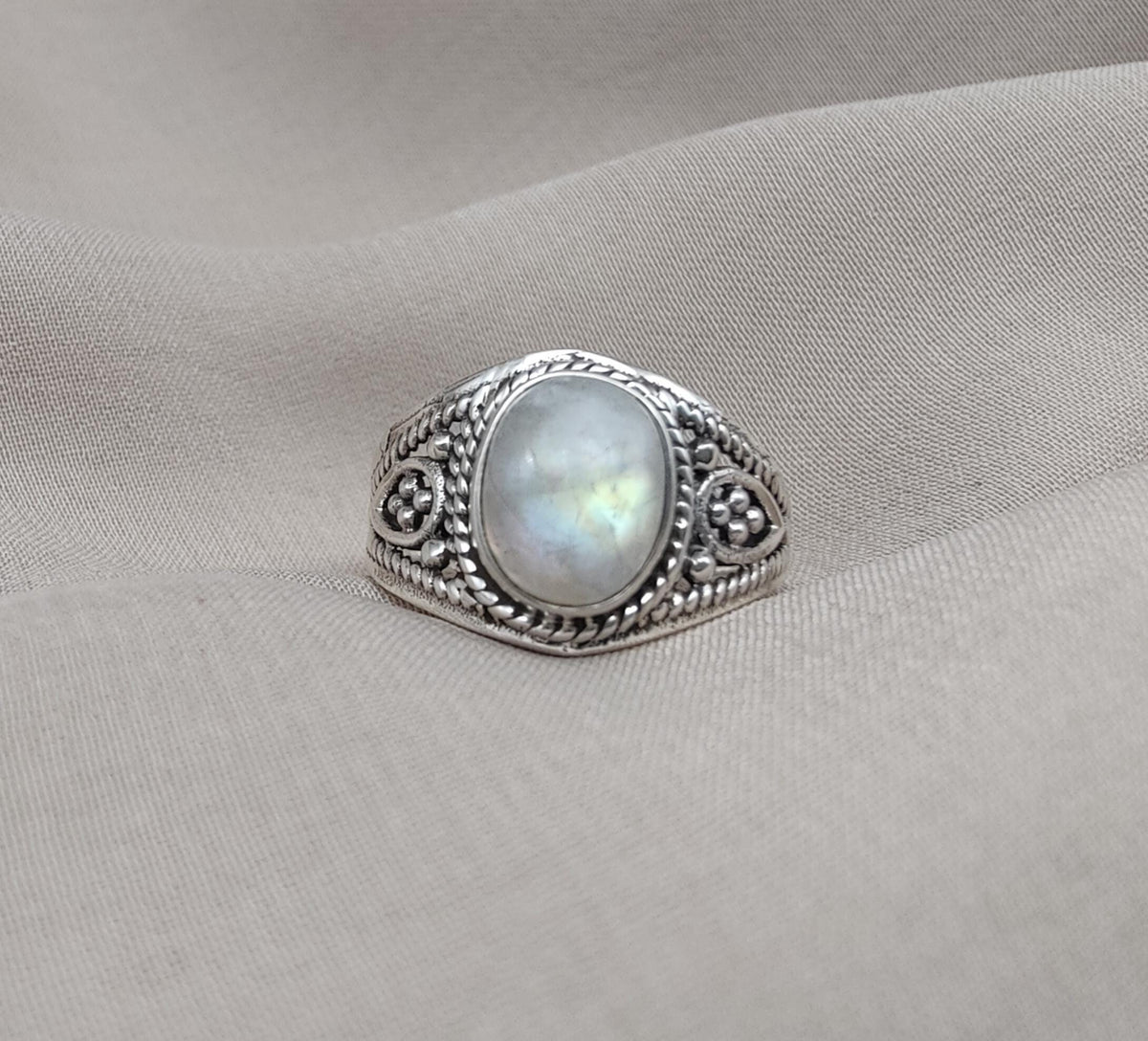 Rainbow Moonstone Ring: Oxidized 925 Sterling Silver, Boho Floral Design