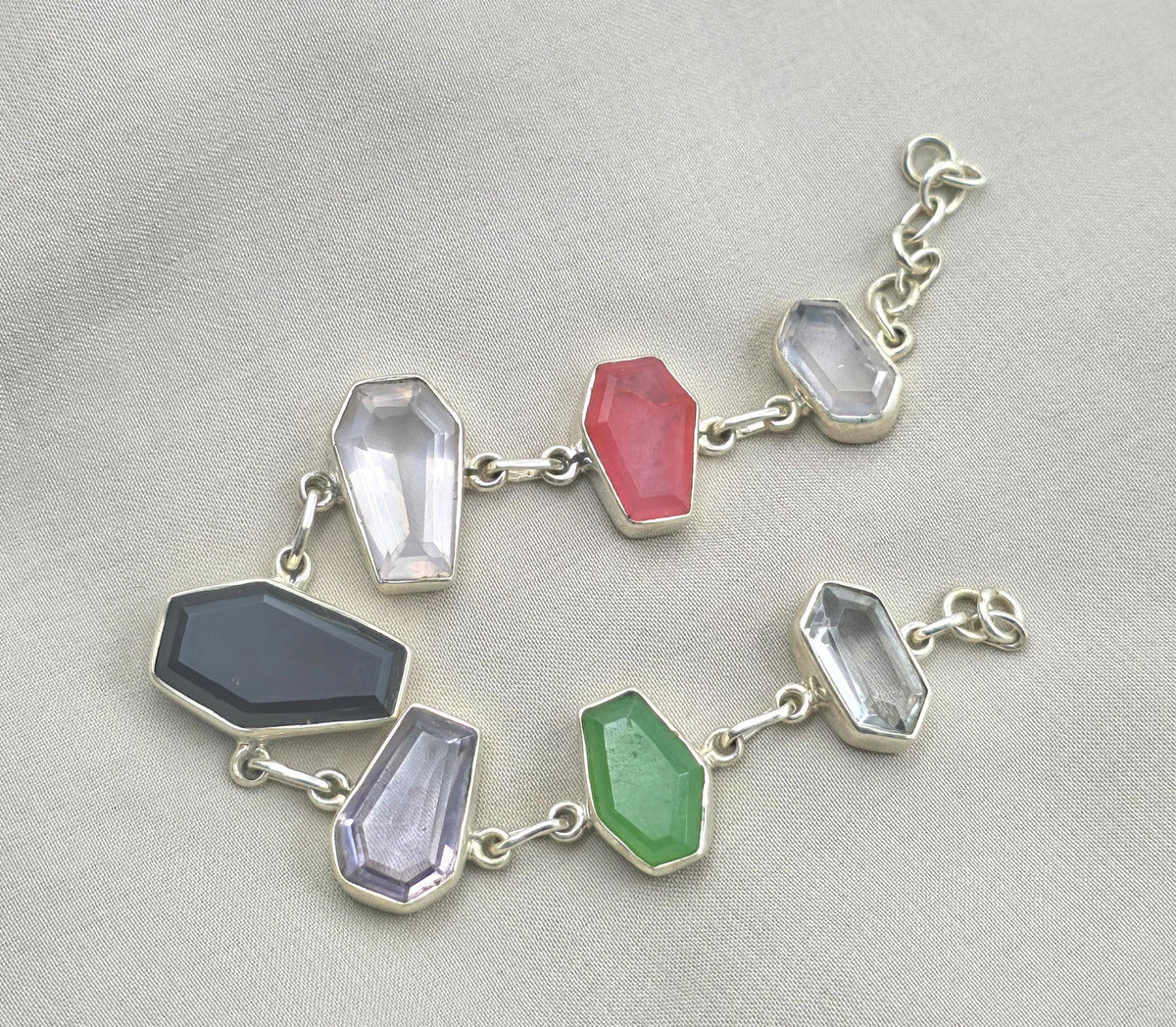 925 Sterling Silver Multi Gemstone Bracelet Coffin Cut Link Bracelet Handmade Jewelry