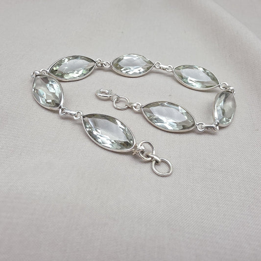 925 Sterling Silver Green Amethyst Bracelet Marquise shape Gemstone Elegant Link Bracelet Gift