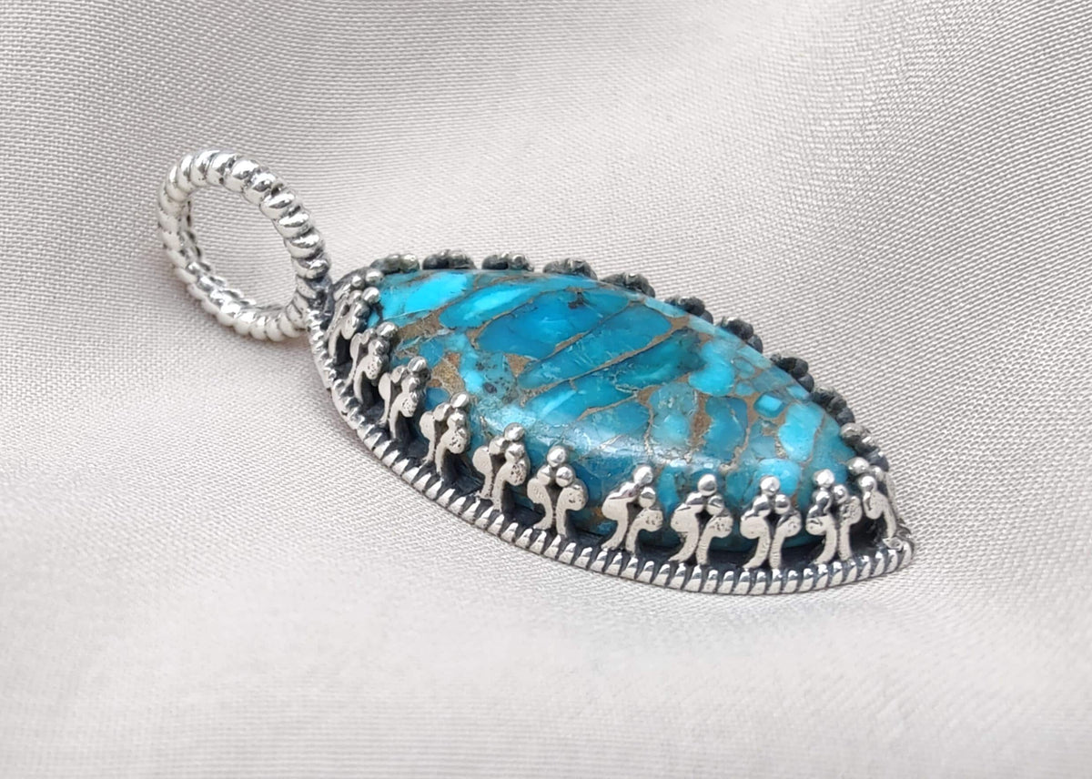 Blue Copper Turquoise Pendant: Sterling Silver Marquise Boho Necklace