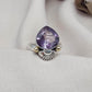 Amethyst Teardrop Ring: 925 Sterling Silver, Gold Shell Motif