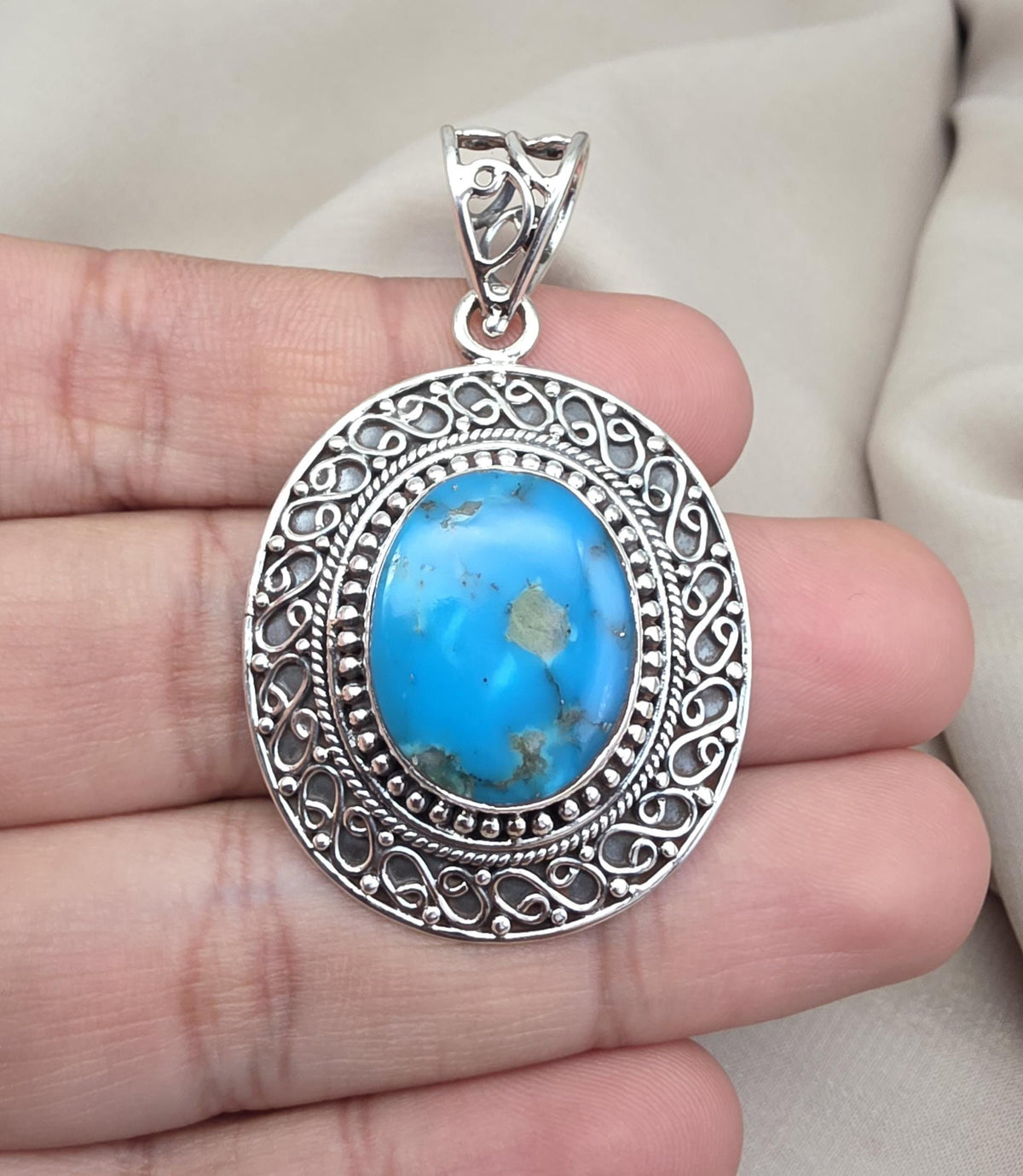 American Turquoise Silver Pendant 925 Sterling Silver Oval Cabochon Handmade Gemstone Jewelry
