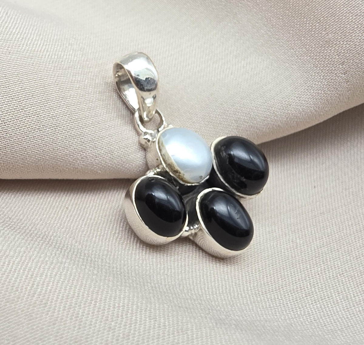 Black Onyx & Mother of Pearl 925 Sterling Silver Pendant: Handmade Boho Necklace