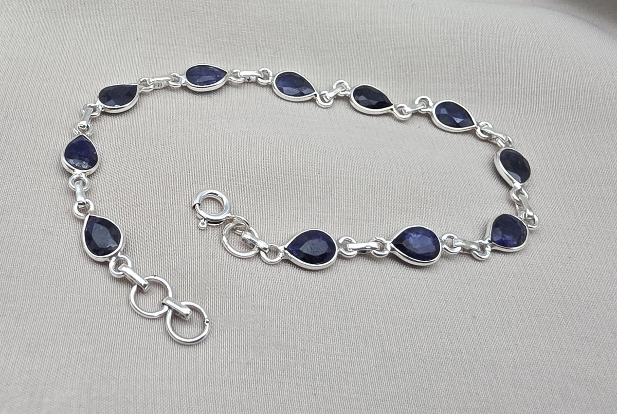 925 Sterling Silver Sapphire Bracelet Natural Blue Gemstone Pear Link Jewelry