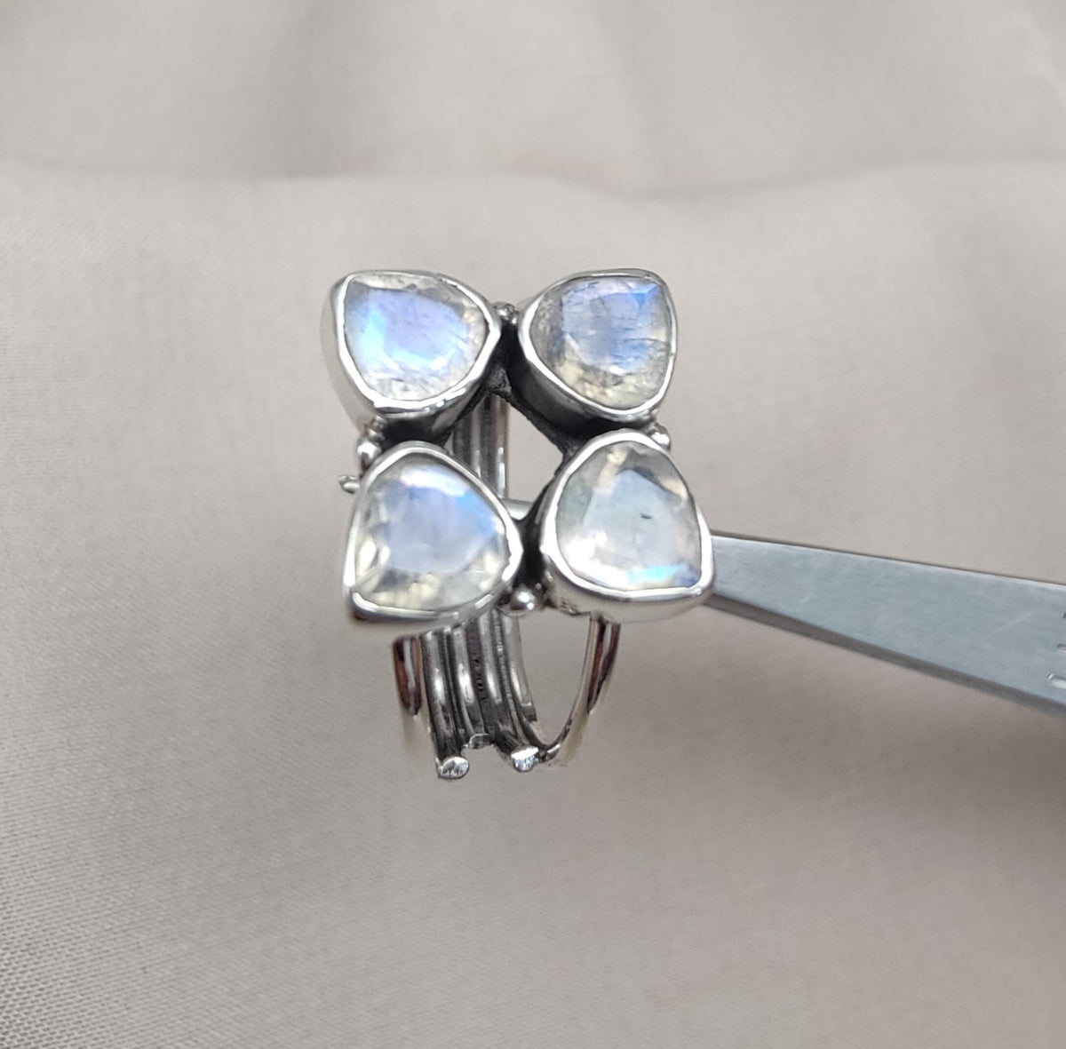 Rainbow Moonstone Floral Cluster Ring: Handmade 925 Sterling Silver
