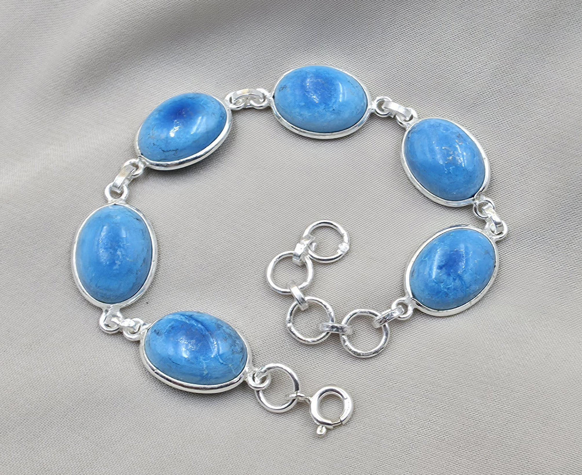 925 Sterling Silver Larimar Bracelet Natural Blue Gemstone Oval Link Jewelry