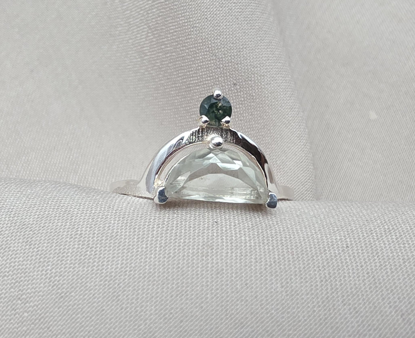 Green Amethyst Ring 925 Silver Dual Stone Moss Agate Statement Ring