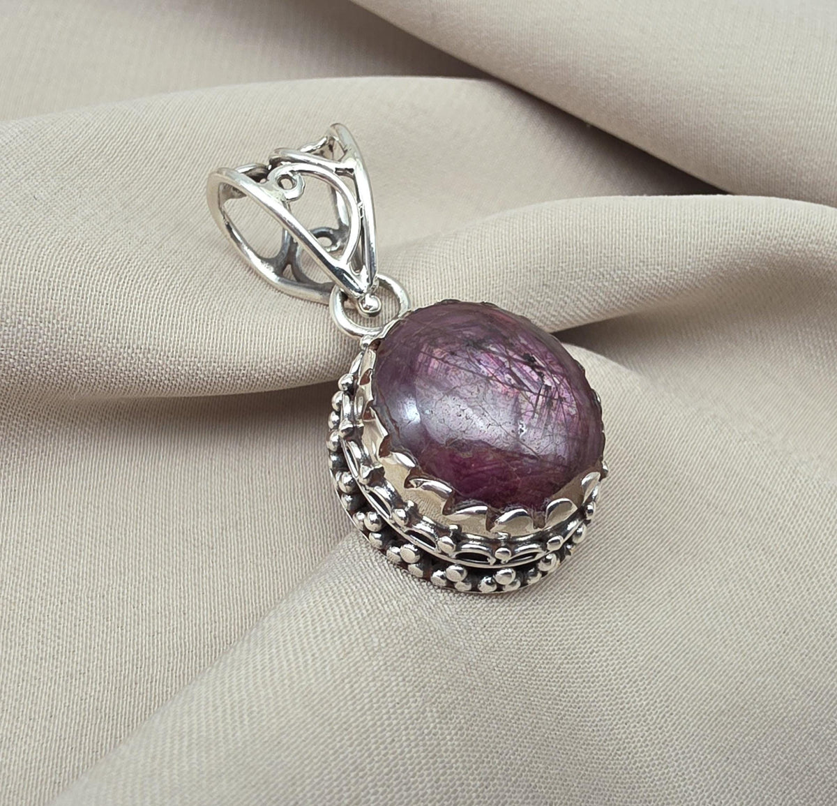 Natural Ruby Star Pendant Genuine Asteriated Ruby Cabochon Handmade 925 Sterling Silver Jewelry