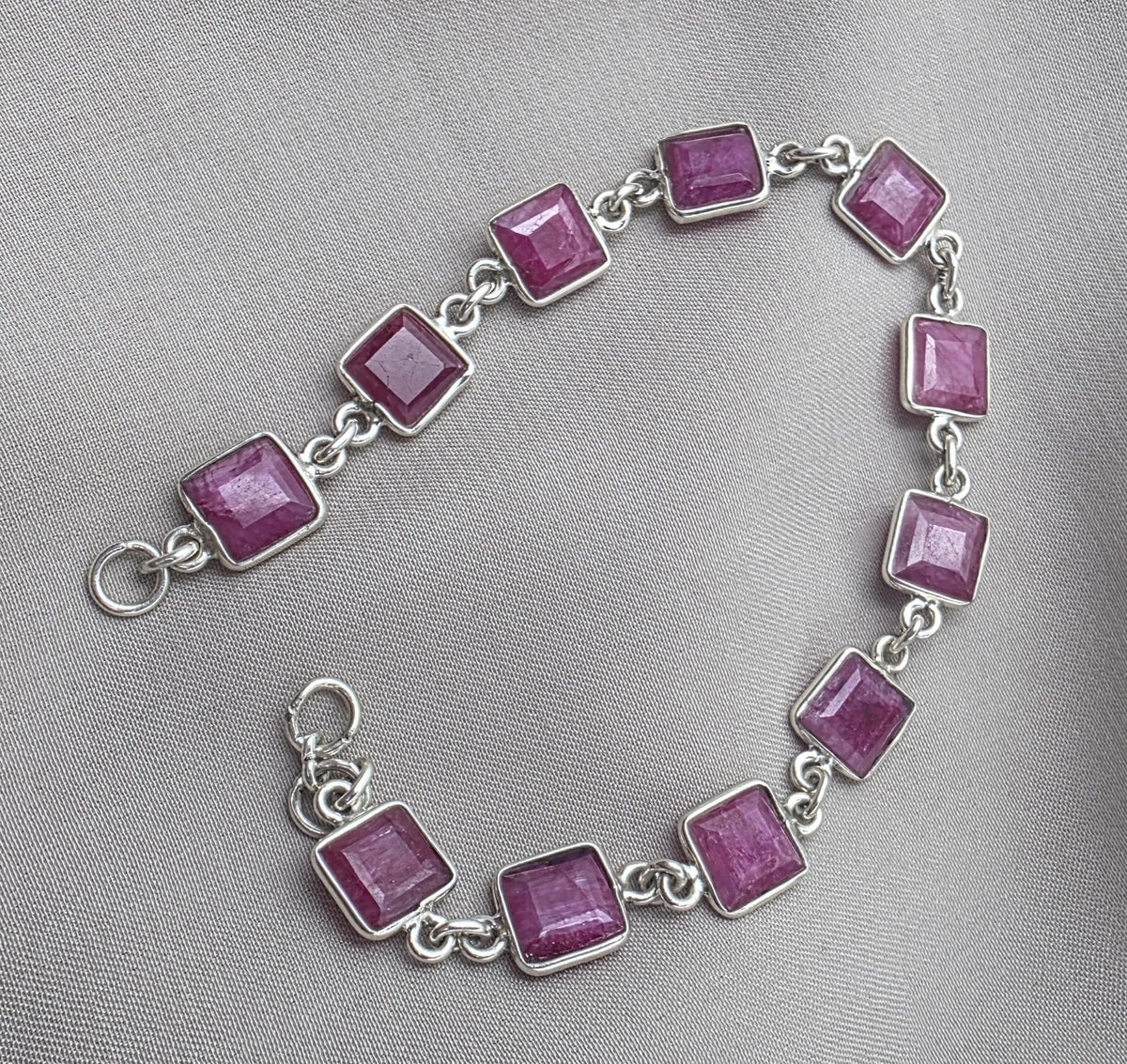 925 Sterling Silver Pink Ruby Bracelet Square Cut Gemstone Link Bracelet Gift for Her