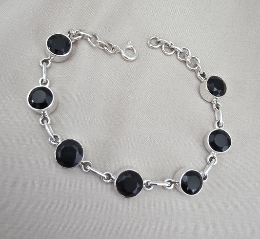 Black Onyx Bracelet 925 Sterling Silver Round Stone Link Bracelet Handmade Jewelry