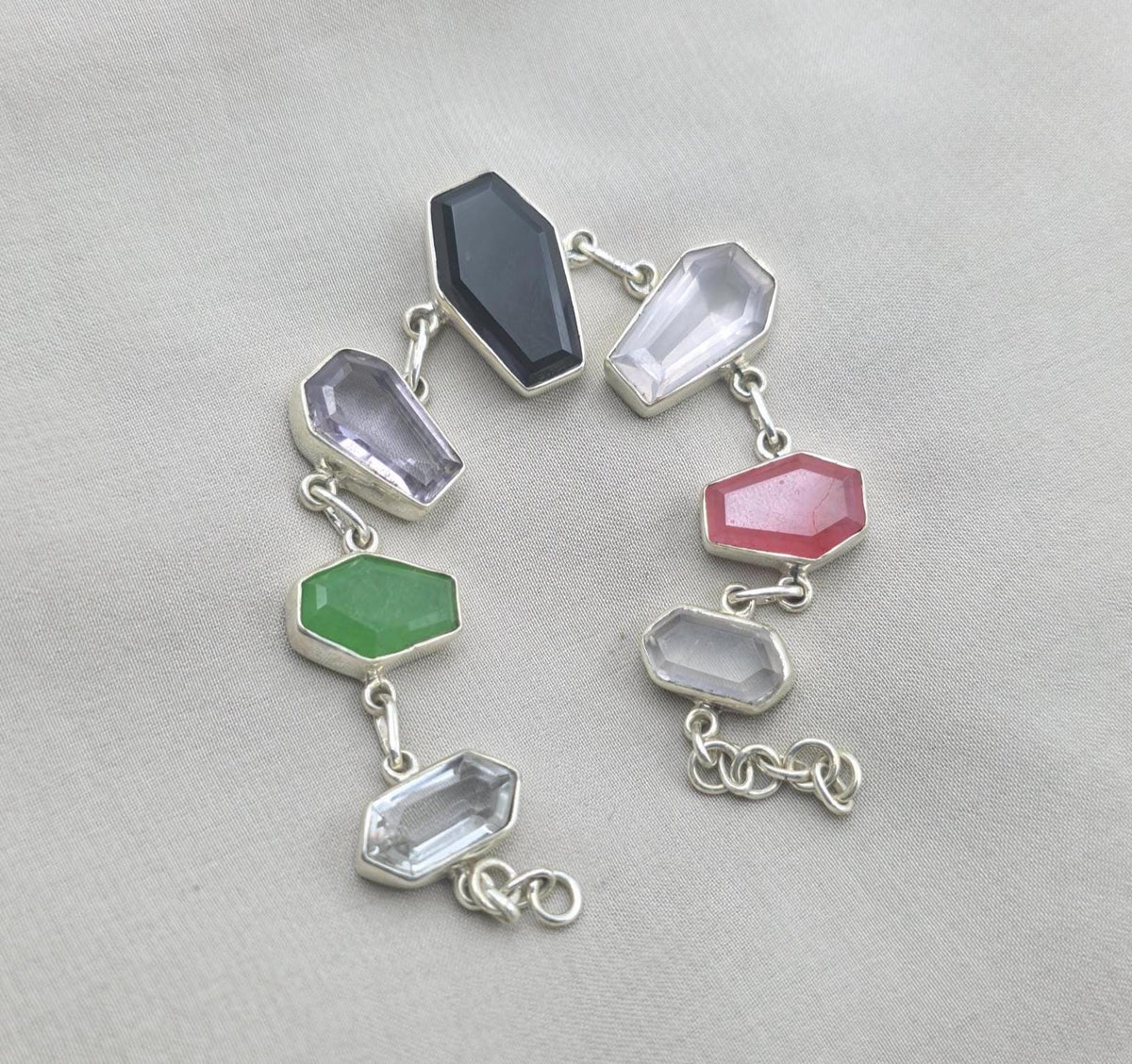 925 Sterling Silver Multi Gemstone Bracelet Coffin Cut Link Bracelet Handmade Jewelry