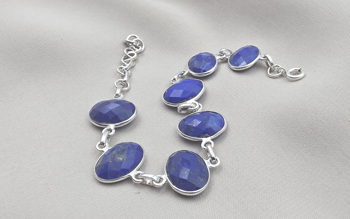 925 Sterling Silver Lapis Lazuli Bracelet Natural Blue Gemstone Bracelet Handmade Jewelry