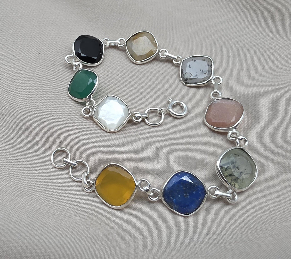 925 Sterling Silver Multi Stone Bracelet Natural Gemstone Cushion Link Jewelry