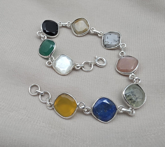 925 Sterling Silver Multi Stone Bracelet Natural Gemstone Cushion Link Jewelry
