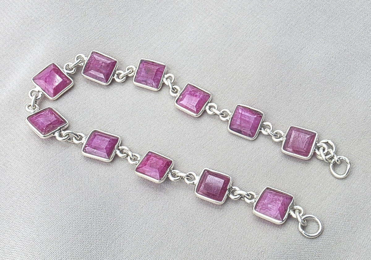 925 Sterling Silver Pink Ruby Bracelet Square Cut Gemstone Link Bracelet Gift for Her