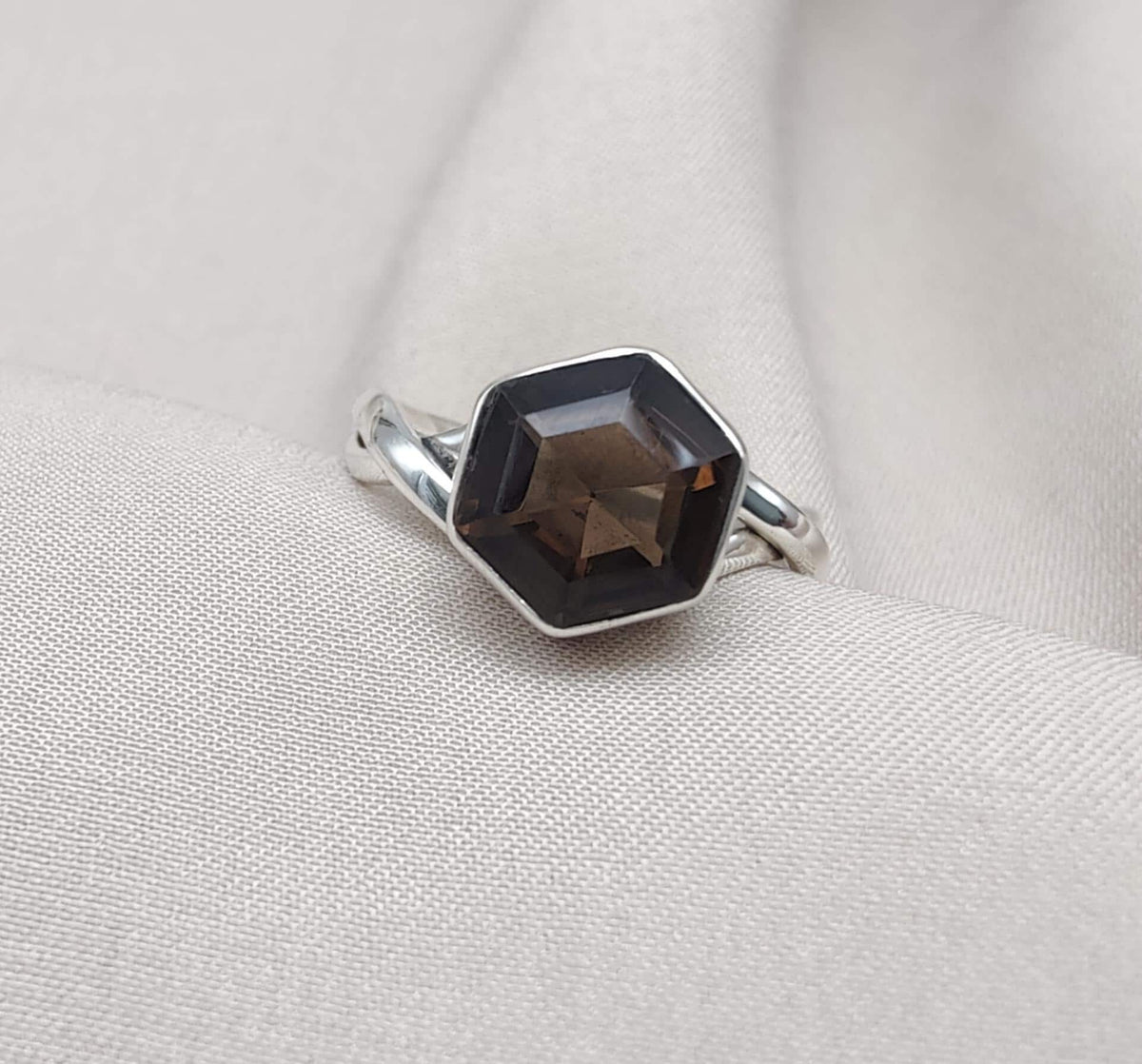 Smoky Quartz Hexagon Ring: 925 Sterling Silver Twisted Band