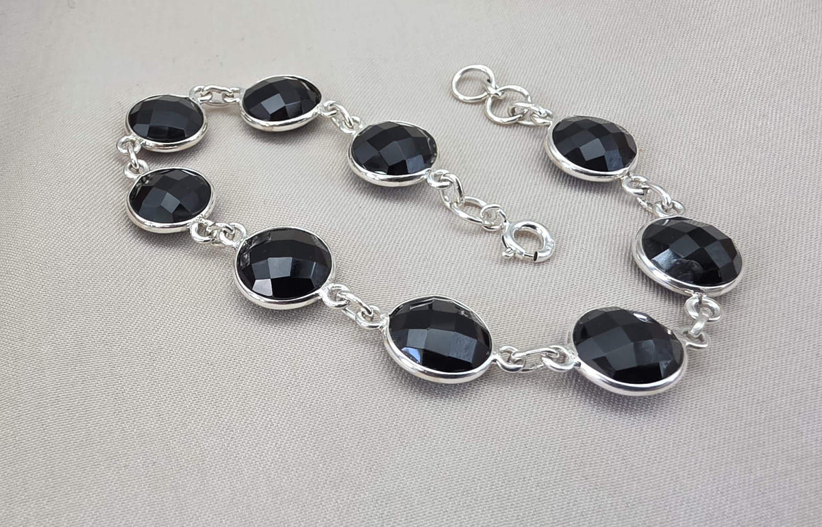 Black Onyx Bracelet 925 Sterling Silver Faceted Round Stone Link Bracelet Handmade Jewelry