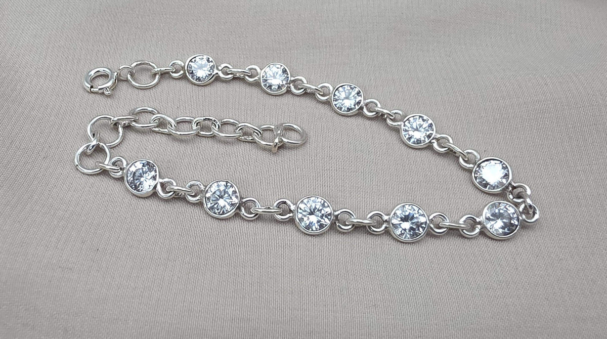 925 Sterling Silver Zircon Bracelet Minimal Sparkle Round Link Jewelry