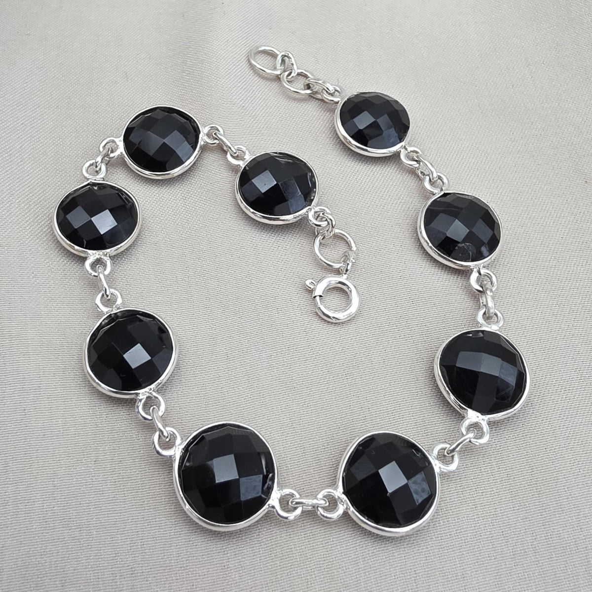 Black Onyx Bracelet 925 Sterling Silver Faceted Round Stone Link Bracelet Handmade Jewelry