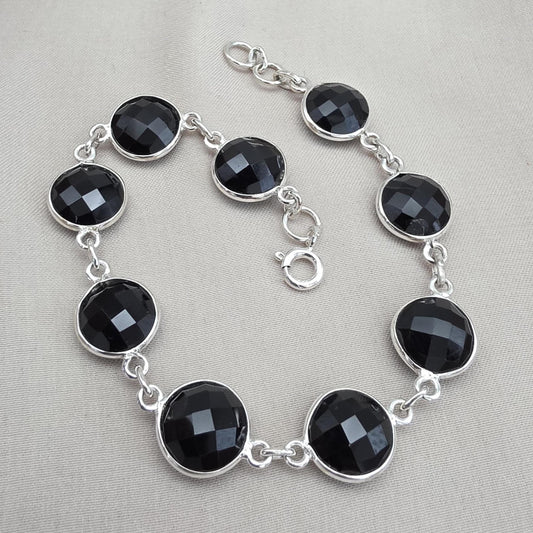 Black Onyx Bracelet 925 Sterling Silver Faceted Round Stone Link Bracelet Handmade Jewelry