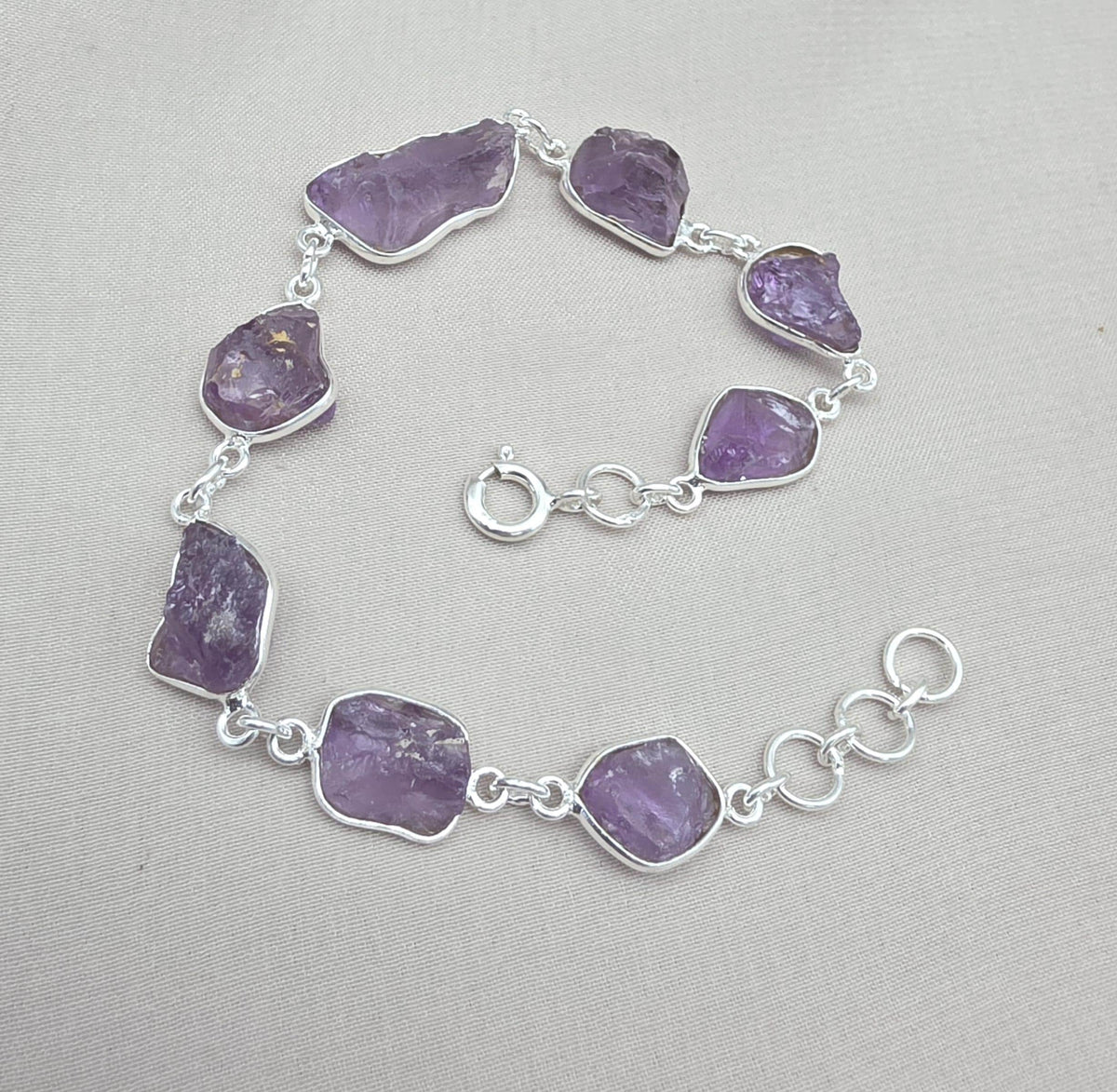 Raw Amethyst 925 Sterling Silver Link Bracelet – Boho Gemstone Jewelry