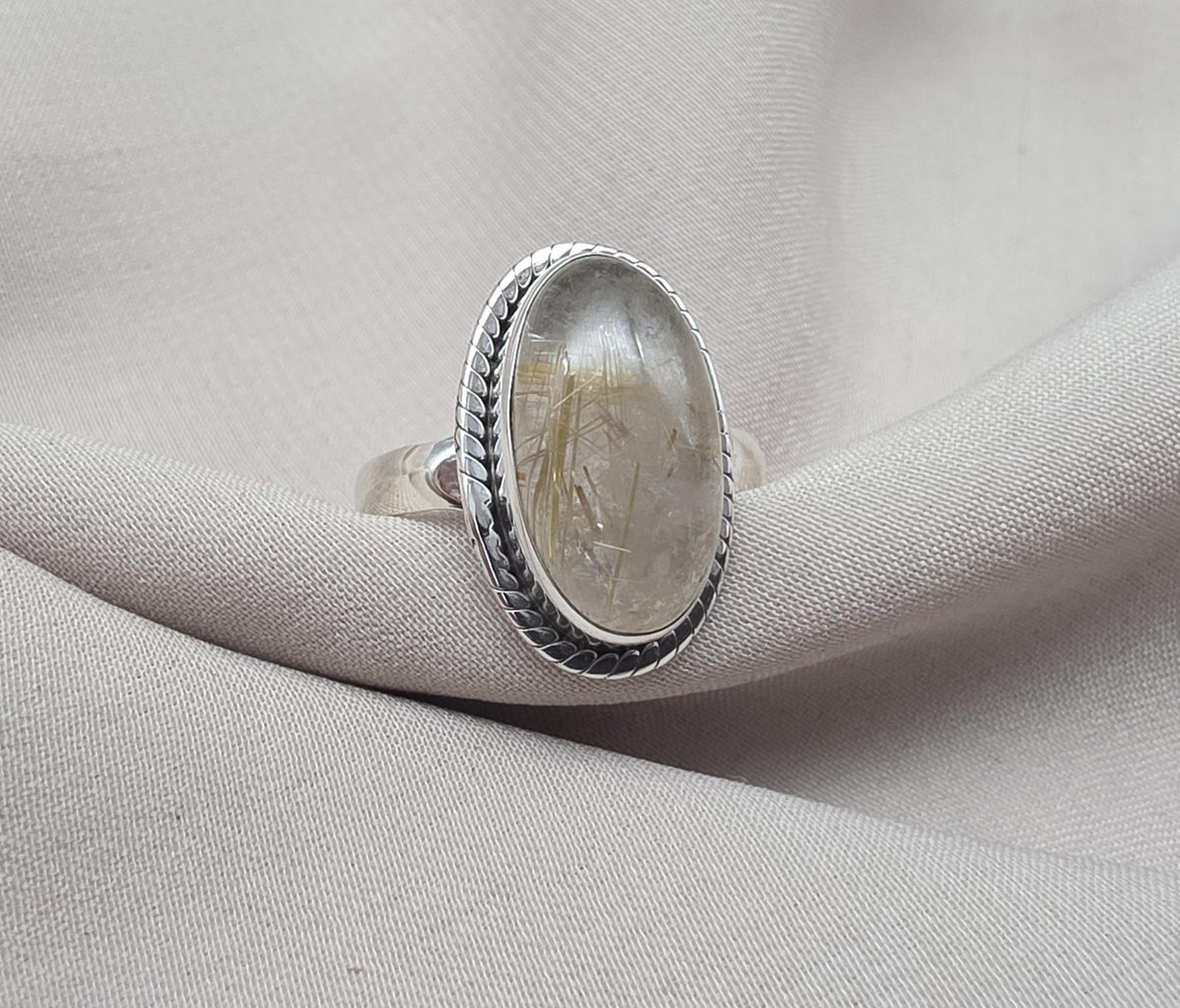 Rutilated Quartz Ring 925 Sterling Silver Oval Gemstone Ring Handmade Boho Statement Jewelry
