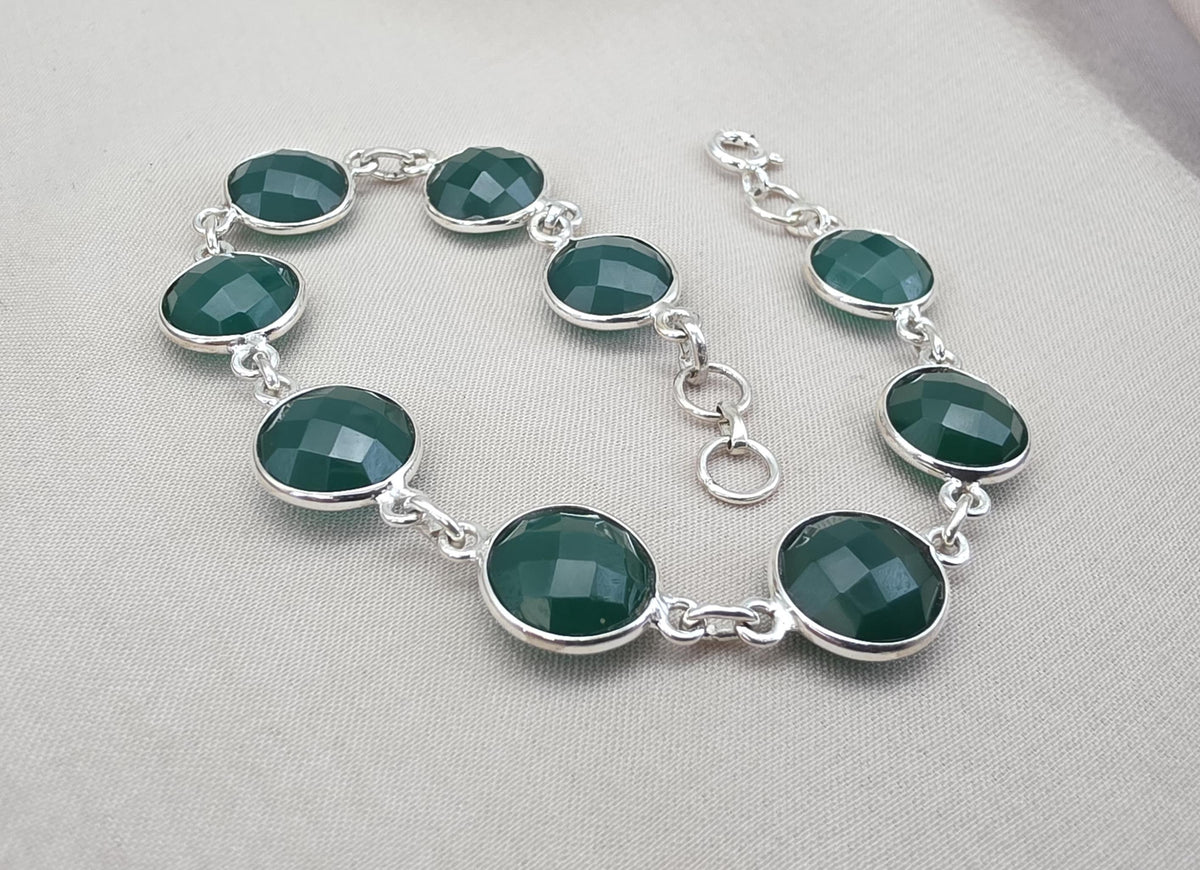 Green Onyx Bracelet 925 Sterling Silver Faceted Round Stone Link Bracelet Handmade Jewelry
