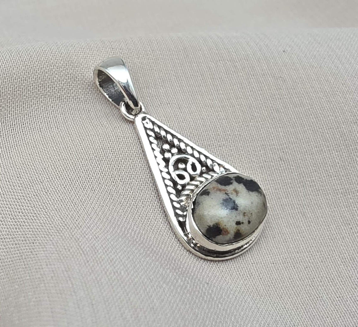 Sterling Silver Dalmatian Jasper Pendant: Teardrop Boho Necklace