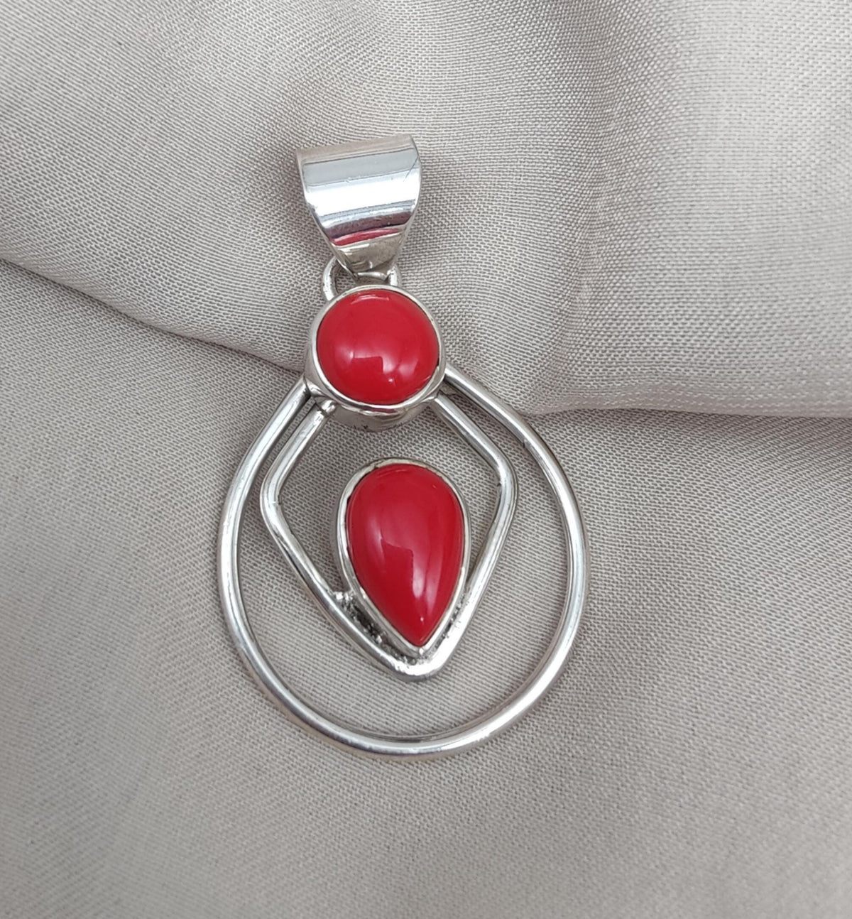 Red Coral Pendant: Two-Stone 925 Sterling Silver Boho Necklace