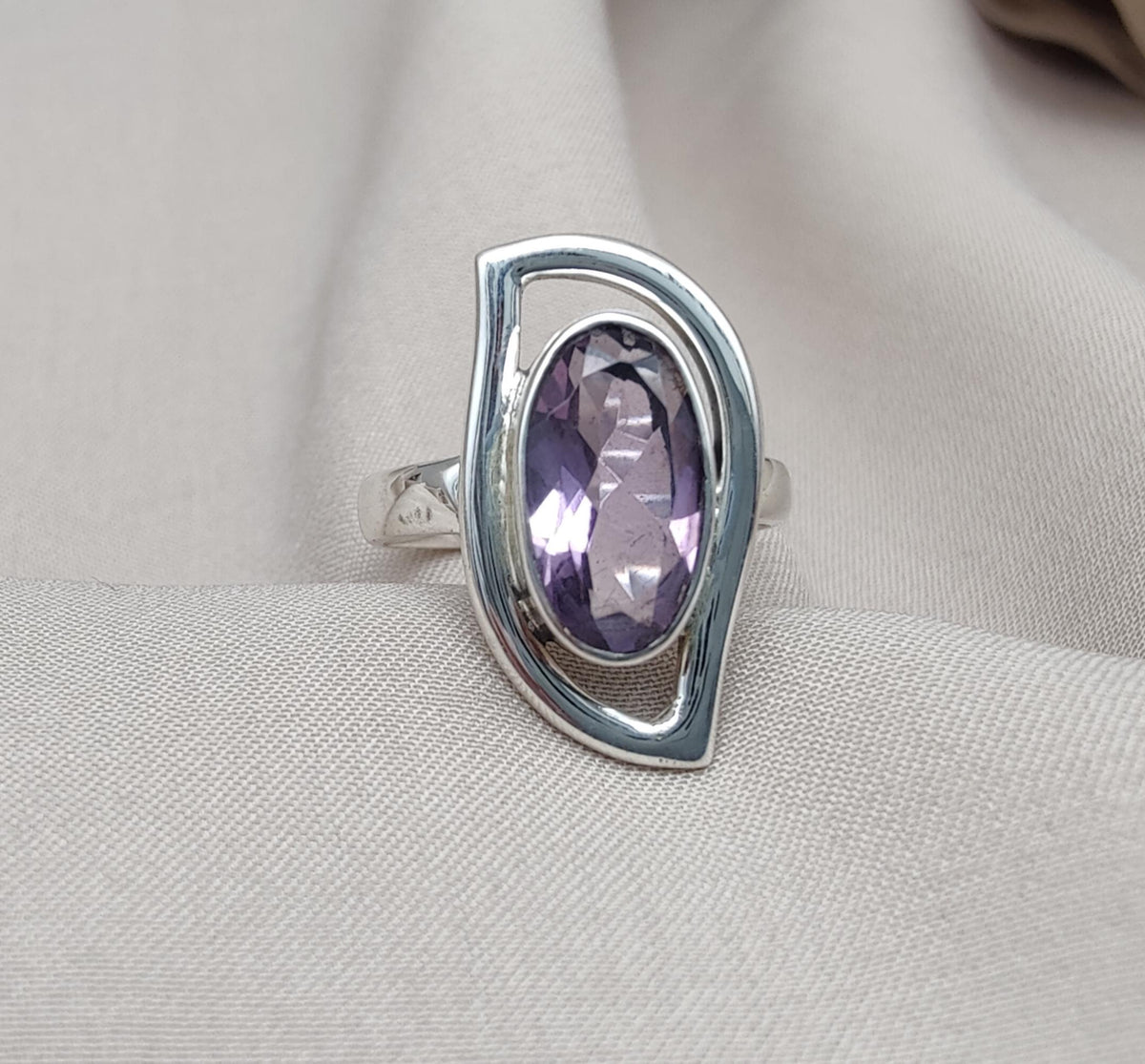 Amethyst Sterling Silver Ring: Modern Abstract Design, February Birthstone