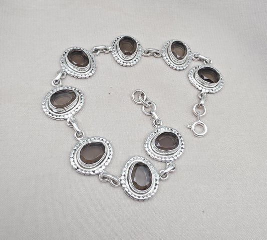 925 Sterling Silver Smoky Quartz Bracelet Natural Brown Oval Gemstone Handmade Jewelry