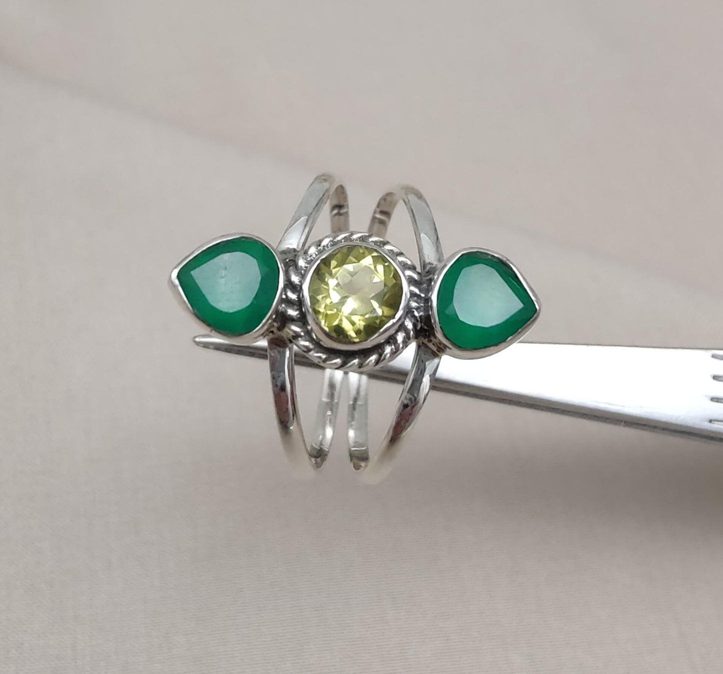 Green Onyx & Lemon Quartz 925 Sterling Silver Ring: Boho Statement Jewelry