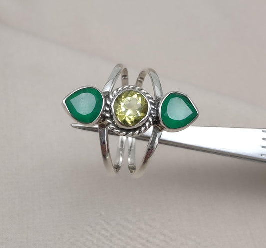 Green Onyx & Lemon Quartz 925 Sterling Silver Ring: Boho Statement Jewelry