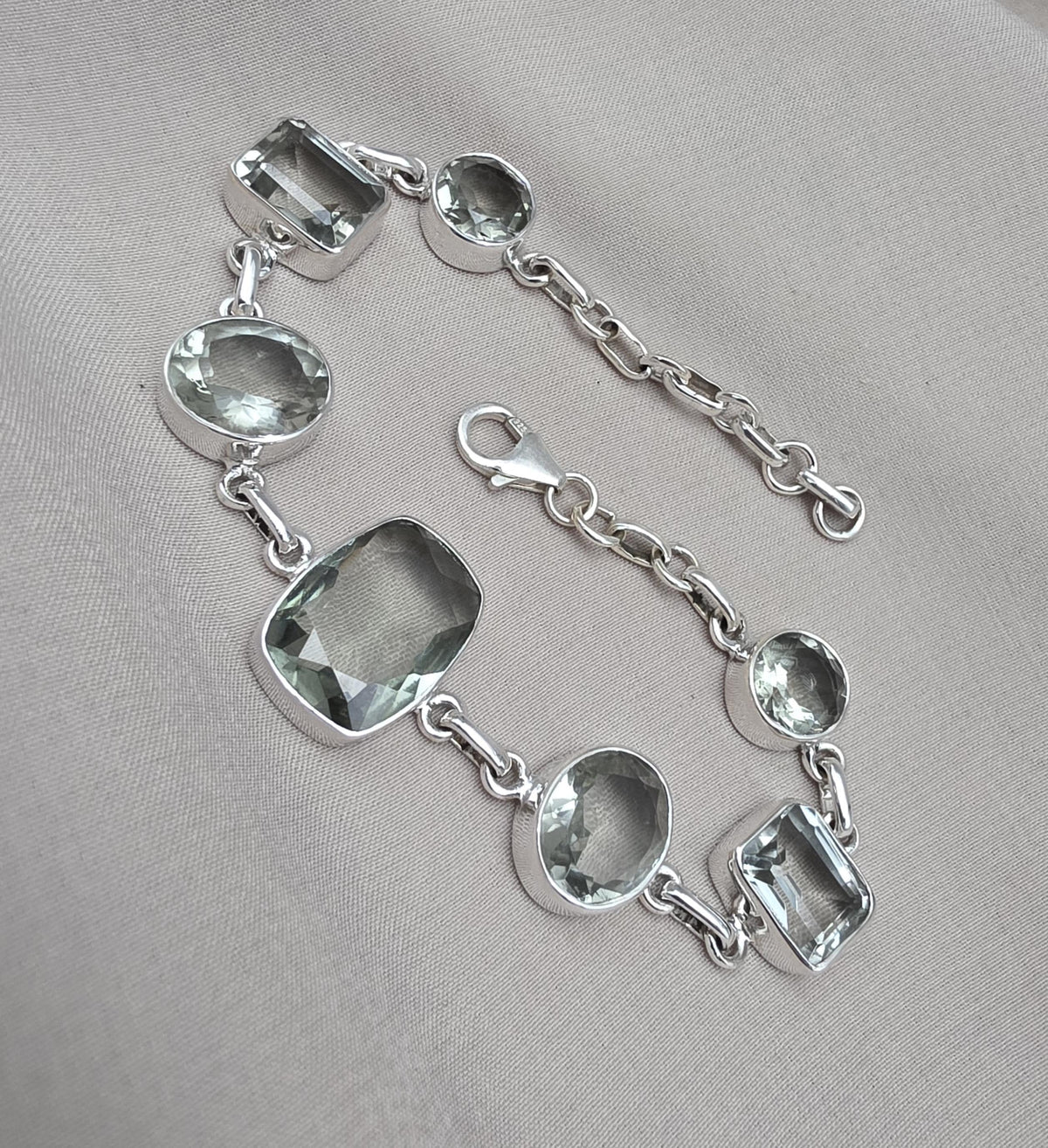 925 Sterling Silver Green Amethyst Bracelet Multi Shape Gemstone Elegant Statement Bracelet for Women