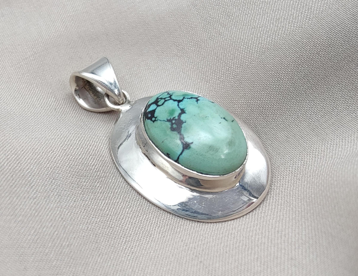 Tibetan Turquoise Pendant: Sterling Silver Boho Necklace, Handmade