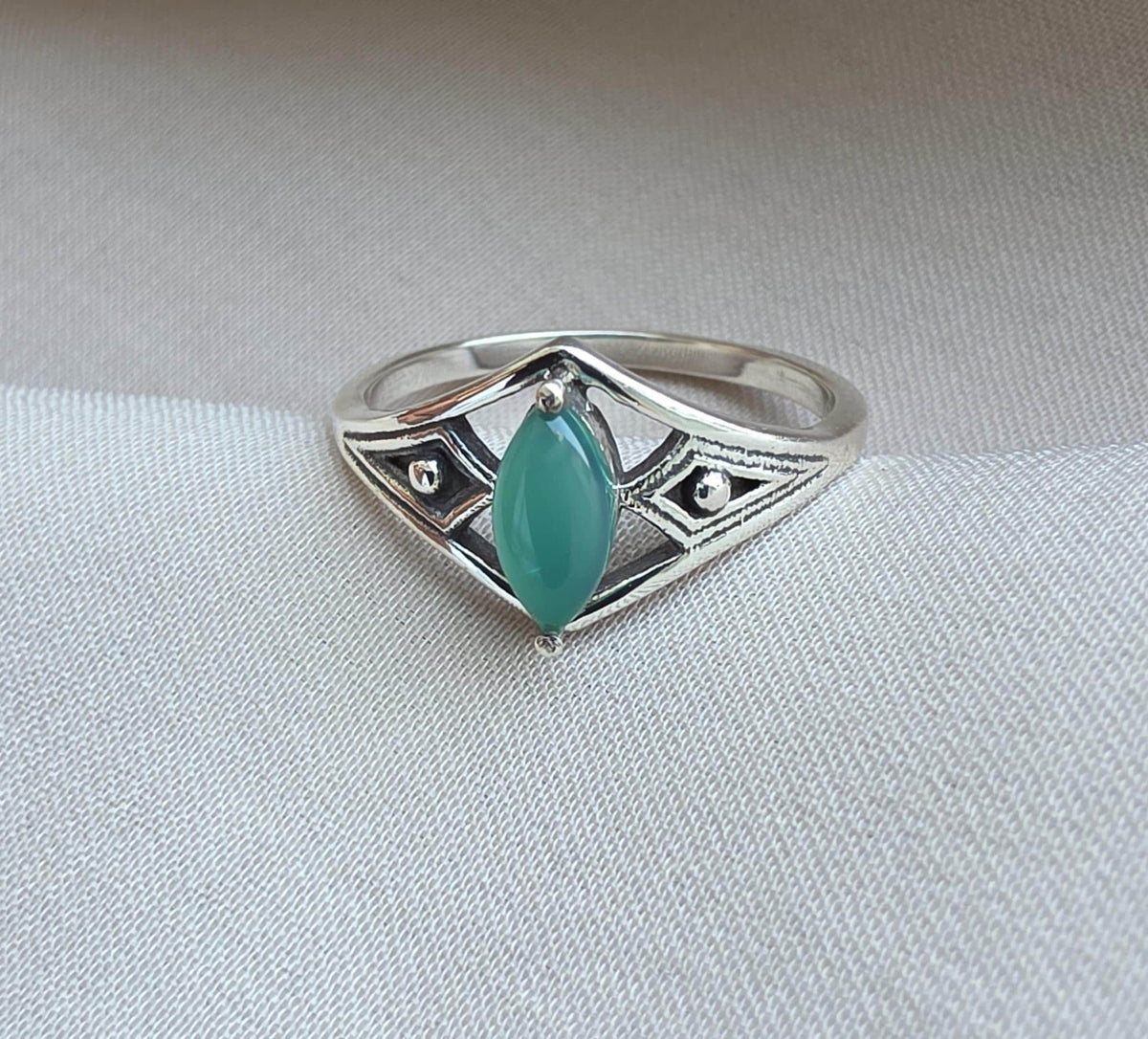 Green Onyx Ring Marquise Cut 925 Sterling Silver Boho Geometric Statement Jewelry