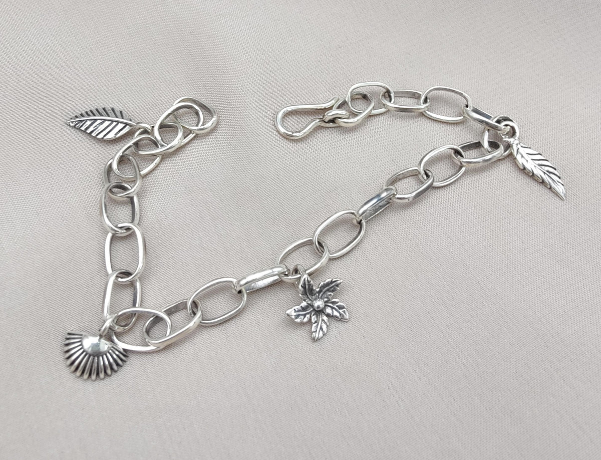 Sterling Silver Charm Bracelet: Leaf, Shell & Flower Charms - Handmade