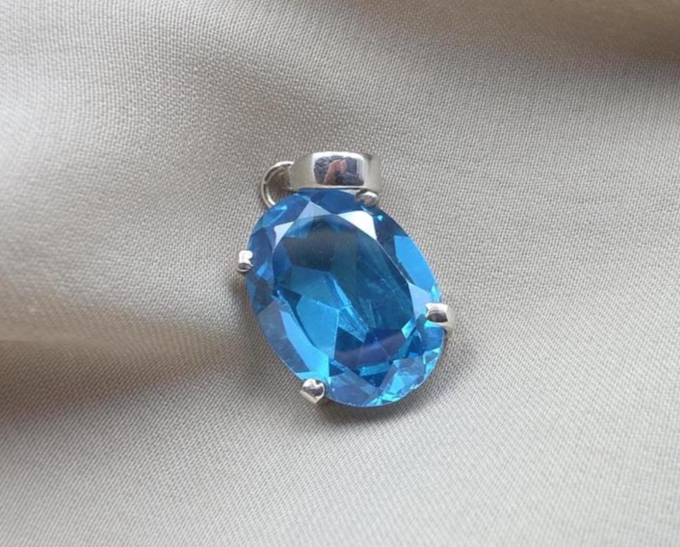 925 Sterling Silver Oval Blue Quartz Pendant, Natural Gemstone Charm, Boho Statement Jewelry