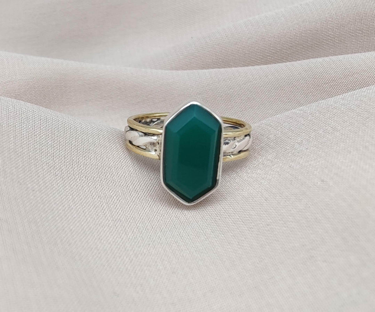 Green Onyx Sterling Silver Ring: Handmade Dual-Tone Band, Hexagon Cut