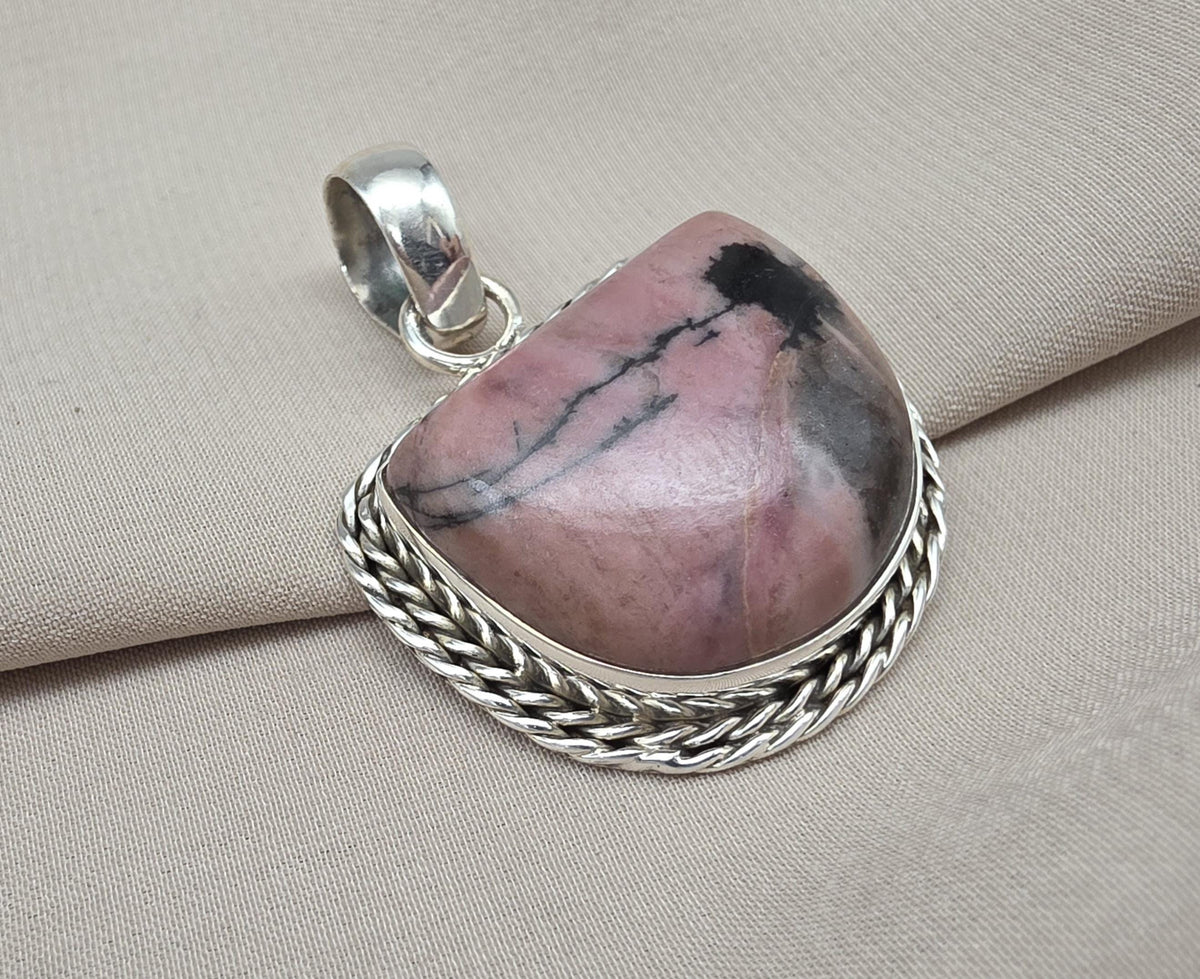 Rhodonite Pendant 925 Sterling Silver Pink and Black Healing Stone Necklace Crystal Jewelry
