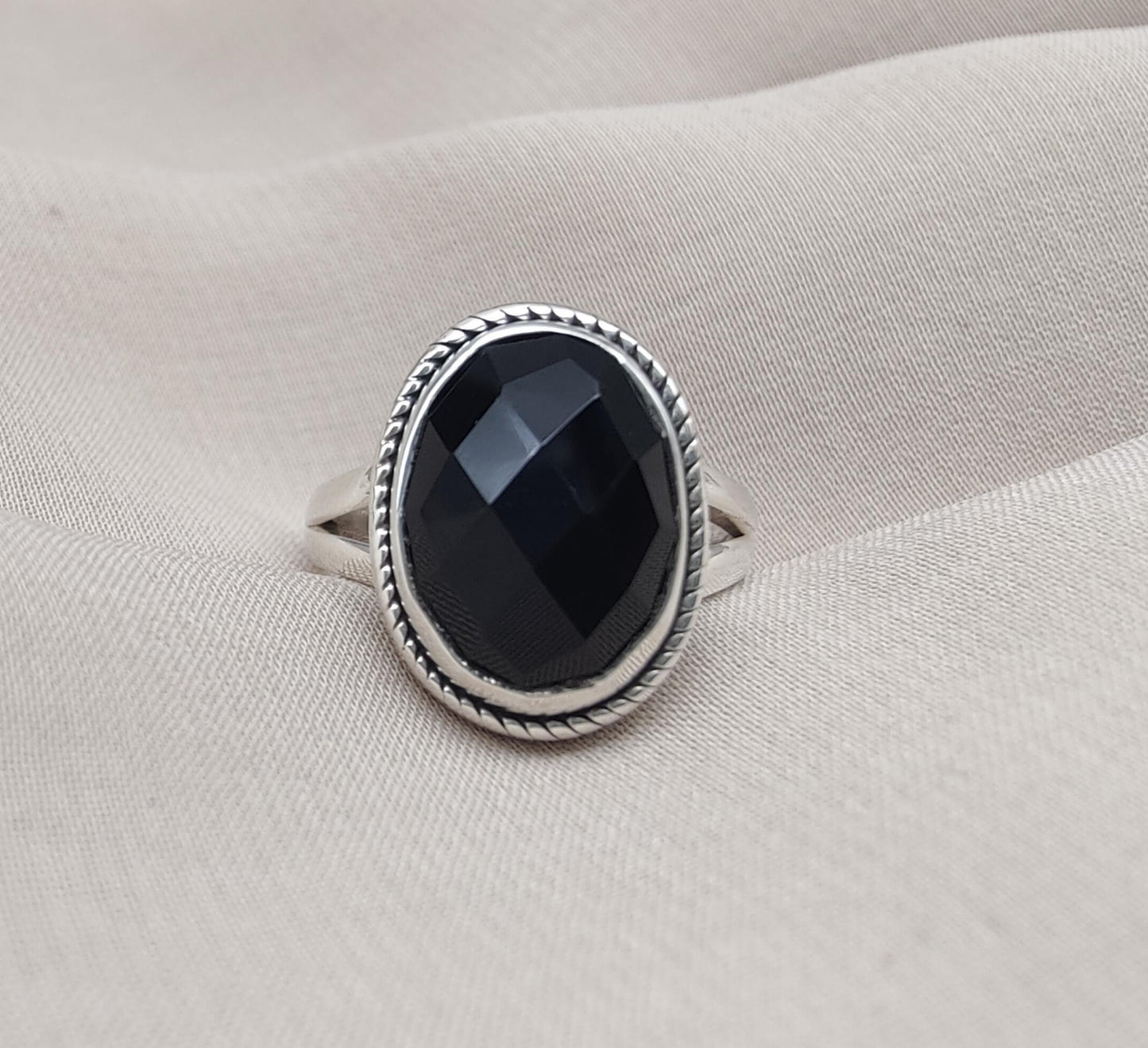 Black Onyx Ring: Faceted Oval Gemstone, 925 Sterling Silver, Boho Protection Jewelry