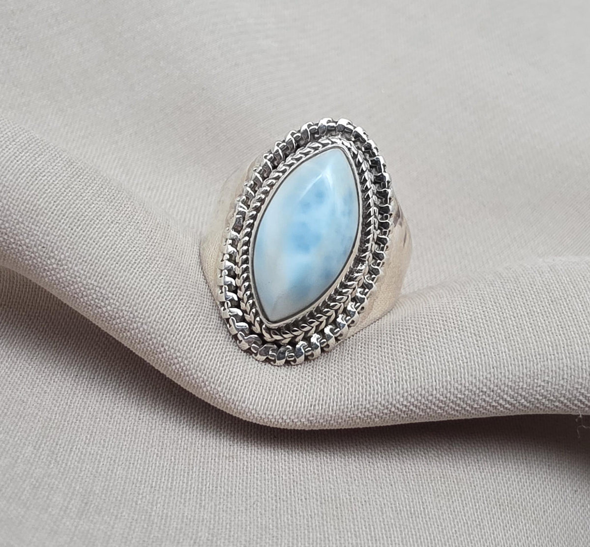Natural Larimar Ring 925 Sterling Silver Larimar Marquise Cut Gemstone Boho Statement Jewelry