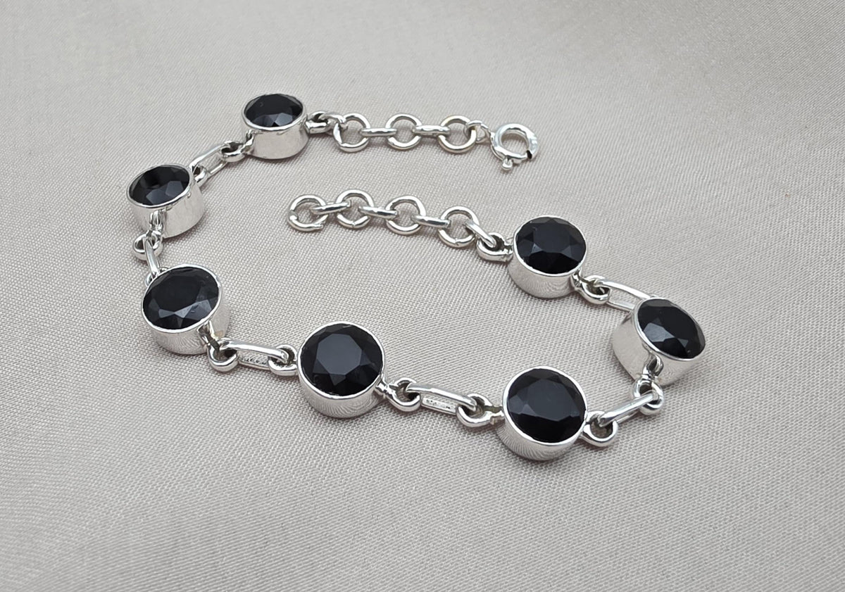 Black Onyx Bracelet 925 Sterling Silver Round Stone Link Bracelet Handmade Jewelry