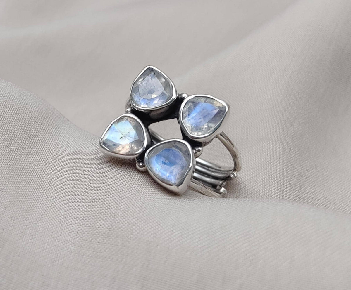 Rainbow Moonstone Floral Cluster Ring: Handmade 925 Sterling Silver