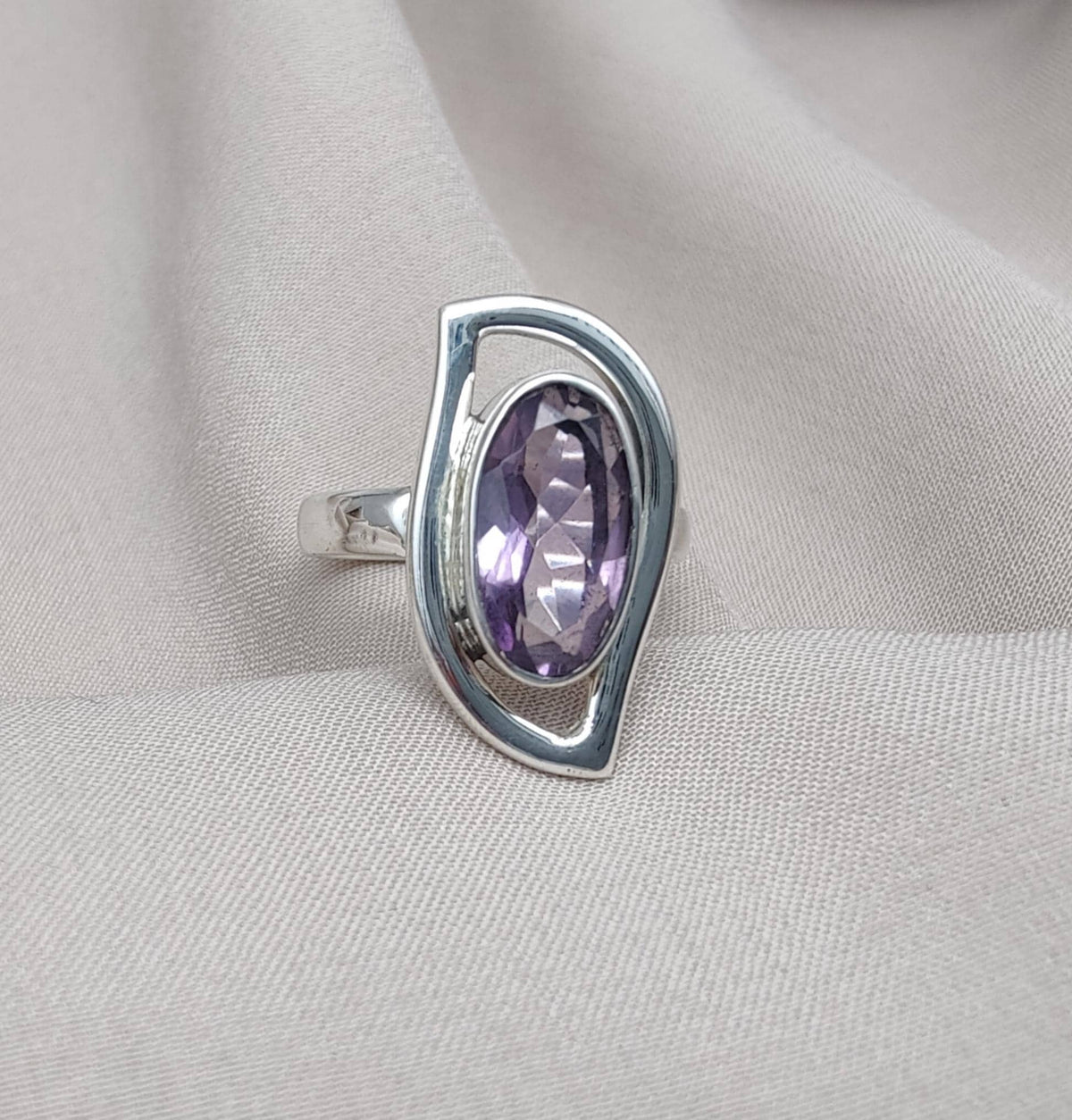Amethyst Sterling Silver Ring: Modern Abstract Design, February Birthstone