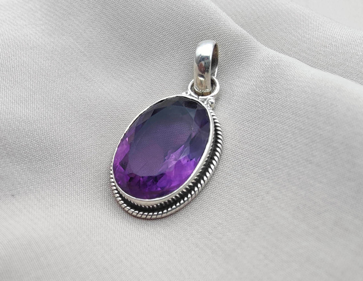 Natural Amethyst Cut Silver Pendant 925 Sterling Purple Gemstone Necklace Handmade February Birthstone Jewelry Gift for Her