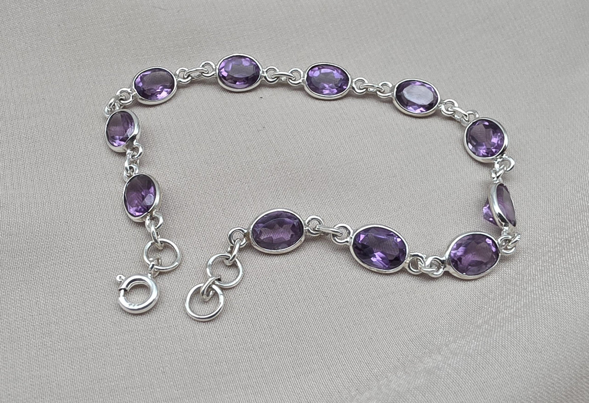925 Sterling Silver Amethyst Bracelet Natural Purple Gemstone Oval Link Jewelry